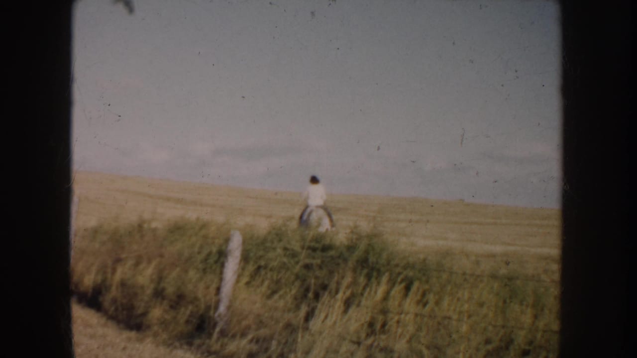 Rider on a pinto horse moving away across open prairie pasture near a fence post.