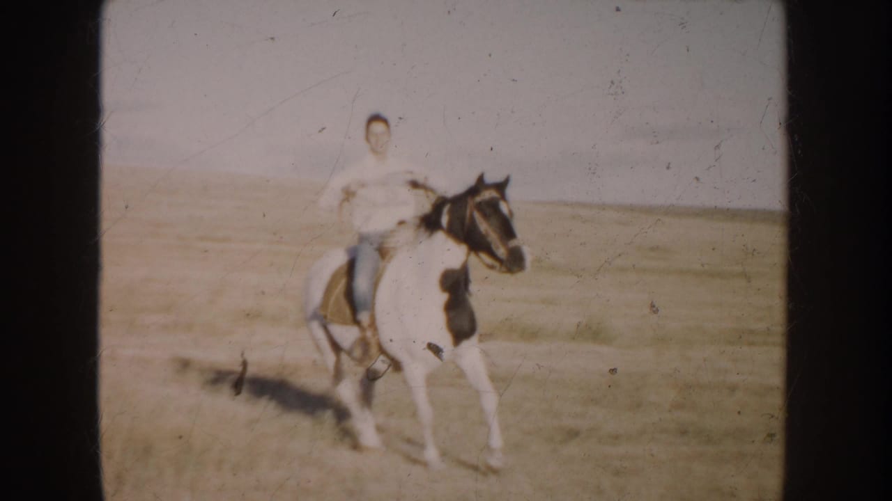 Rider on a pinto horse closer to the camera in an open field.