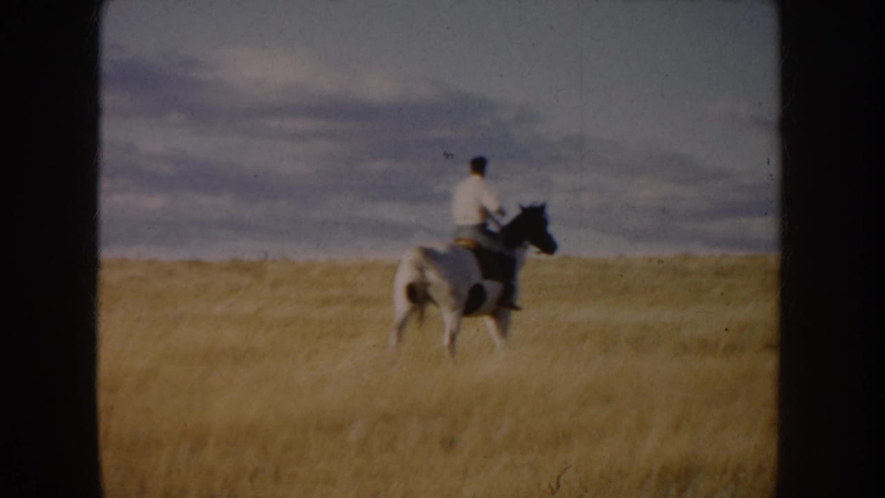 1953 South Dakota home-movie frame showing a rider on horseback at mid-distance in a wide golden field.