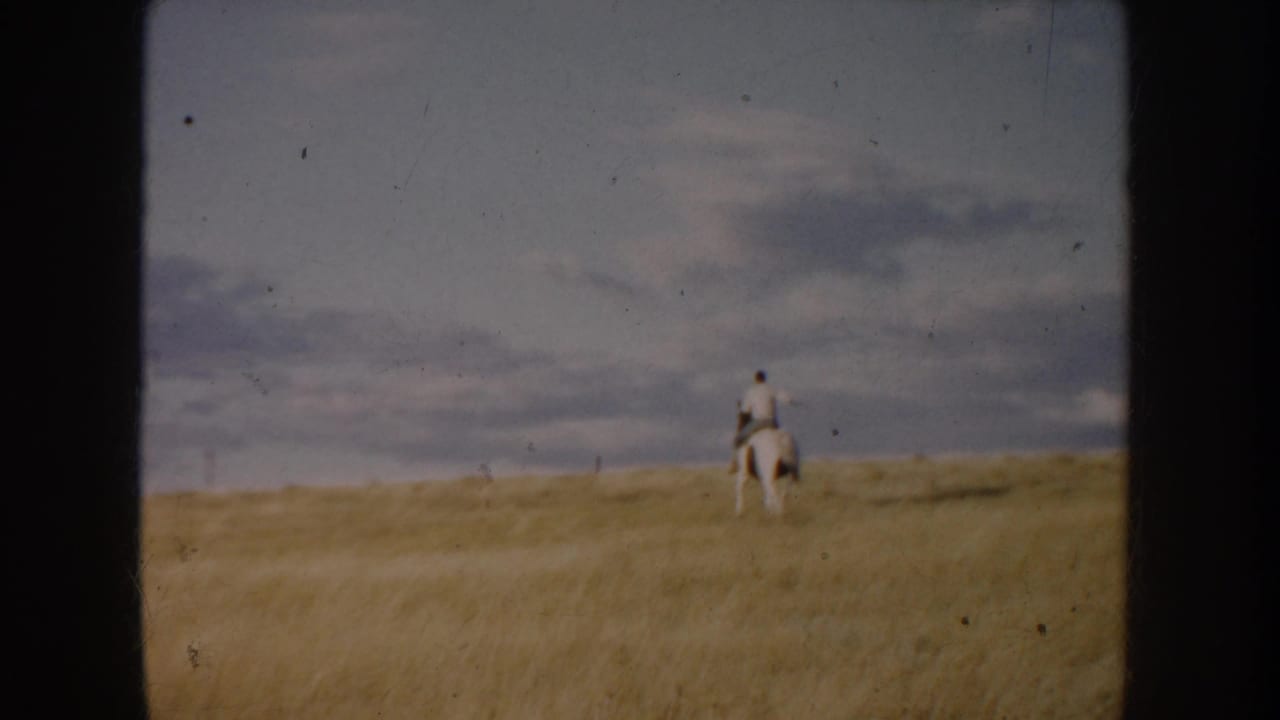Home-movie frame from South Dakota in 1953 showing the rider from behind as the white horse moves through tall prairie grass.