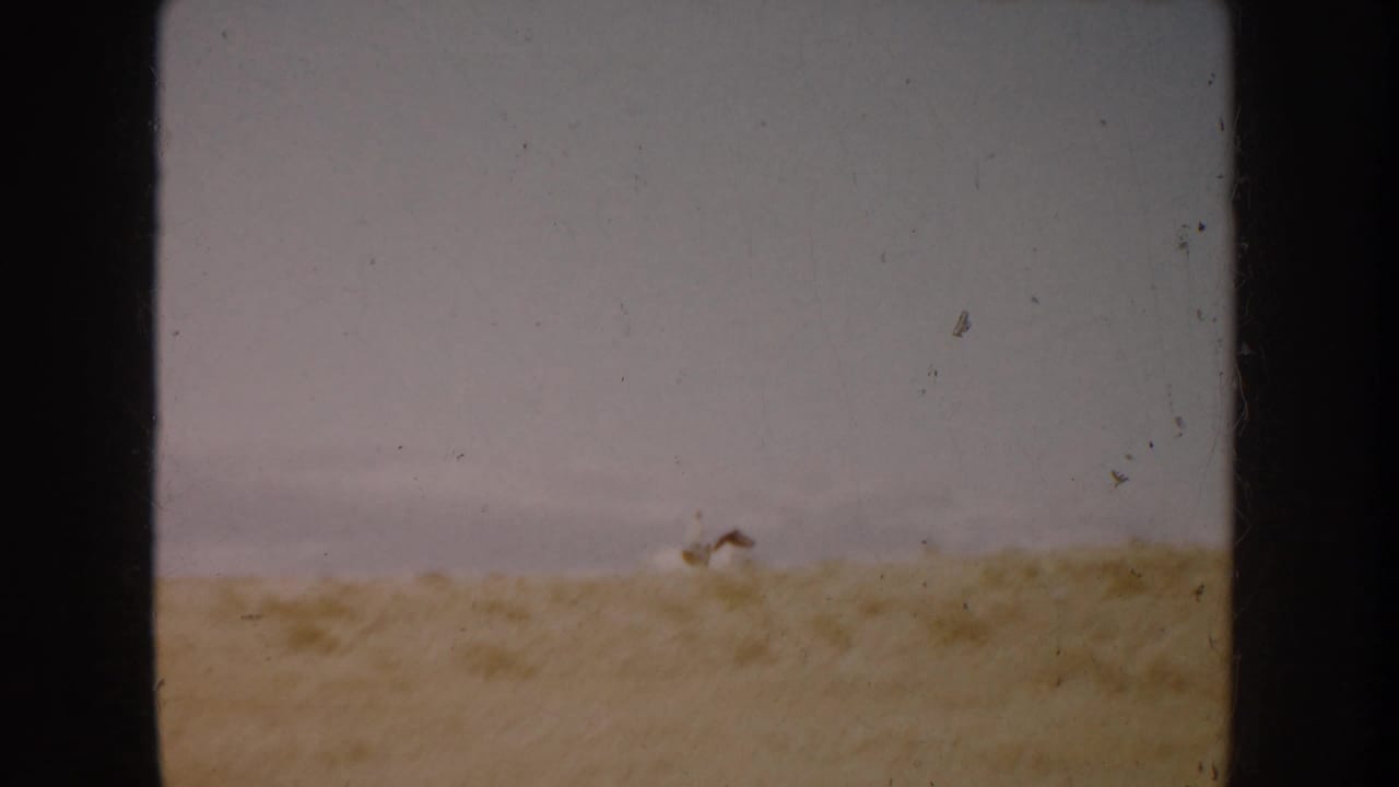 South Dakota home-movie still showing a small distant horse and rider low against a dusty field and gray sky.