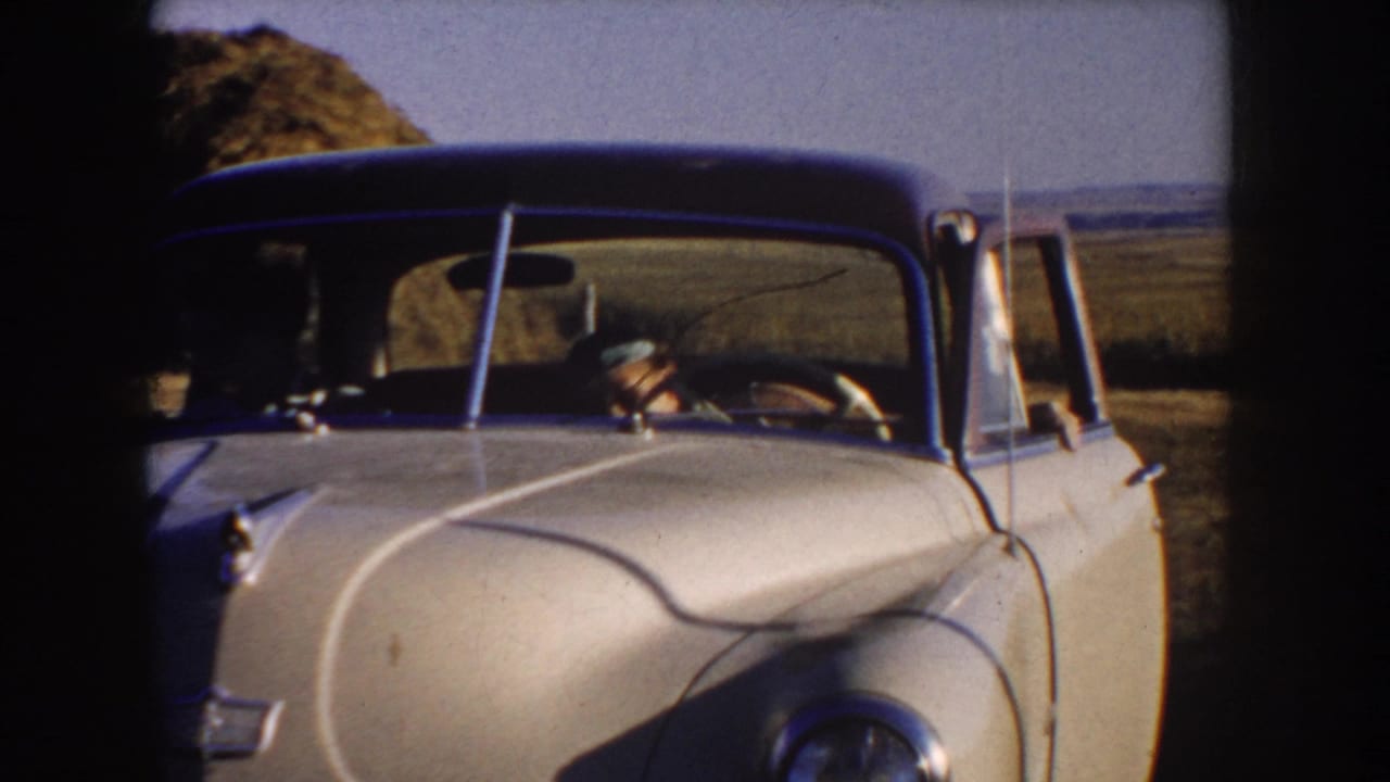Pale classic car parked in an open field with a man visible near the windshield.