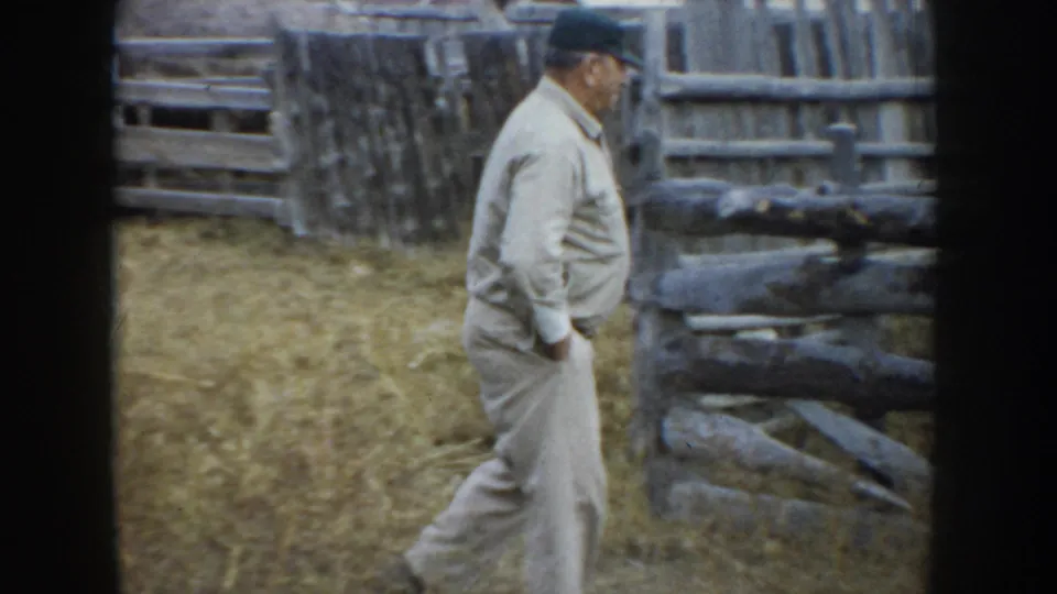 Older rancher in South Dakota, 1953, walking near rough timber fencing and a barnyard area.