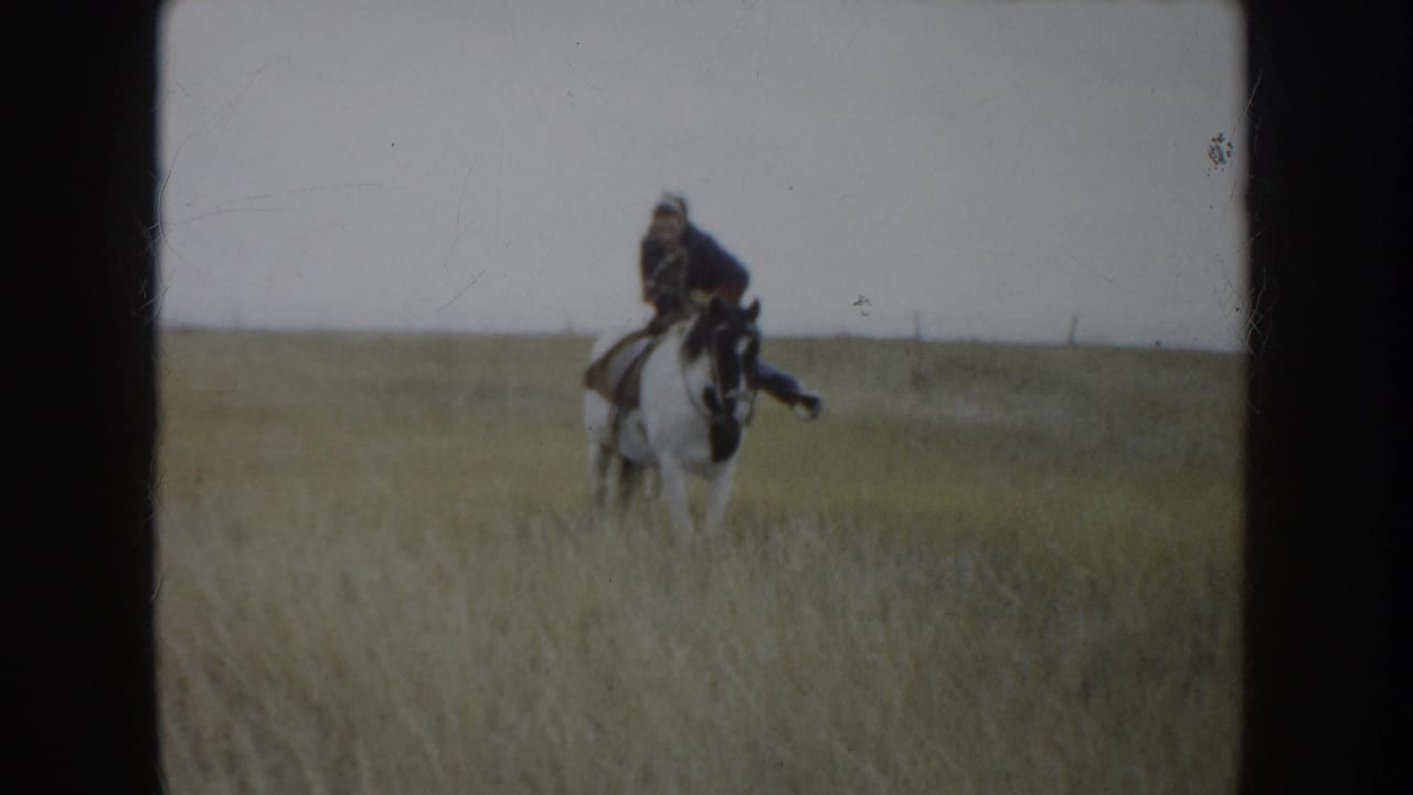 A rider sits on a white horse in tall South Dakota prairie grass, filmed from a distance in soft 8mm color.