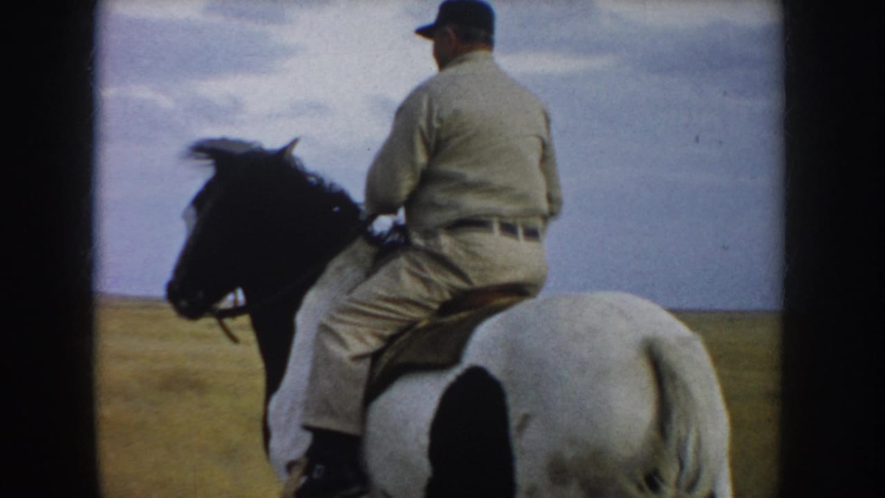 Side-rear view of a man riding a white horse with large dark spots.