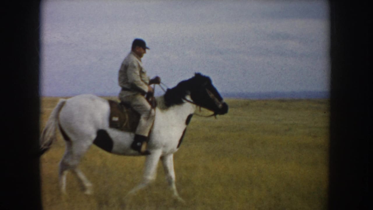 Adult rider in light clothing and a dark cap sits on a marked white horse in an open South Dakota field.
