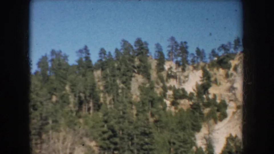 1953 South Dakota 8mm frame showing a rocky evergreen-covered slope viewed from a moving vehicle.