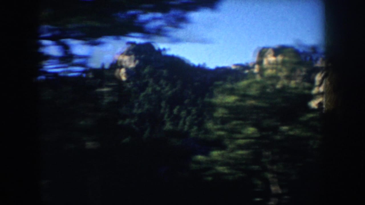 The frame shows a wooded South Dakota hillside and pale rock formations glimpsed through fast-moving roadside trees.