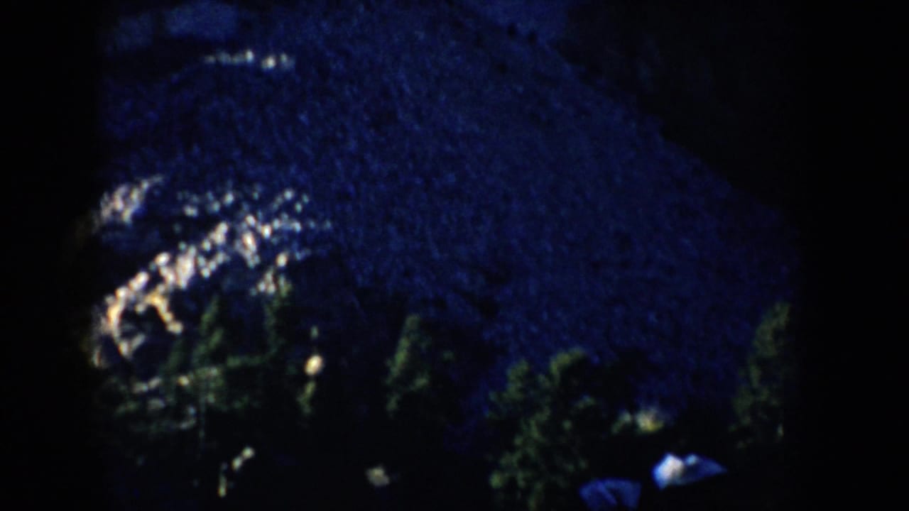 1953 South Dakota 8mm frame with dense snow-covered trees and a faint small figure or object near the lower edge.