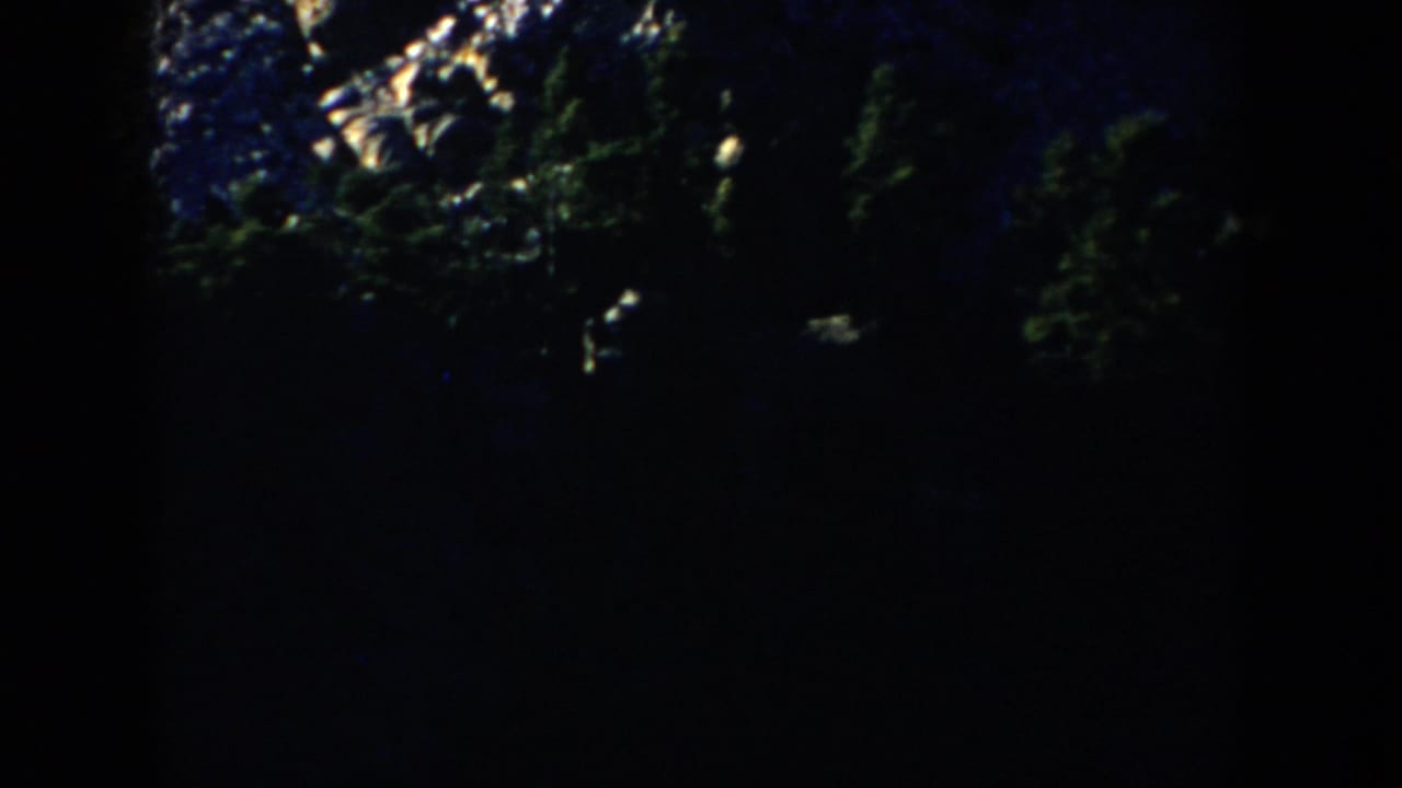 1953 South Dakota 8mm frame showing dark snowy woods at night with a small bundled figure partly visible on the right.