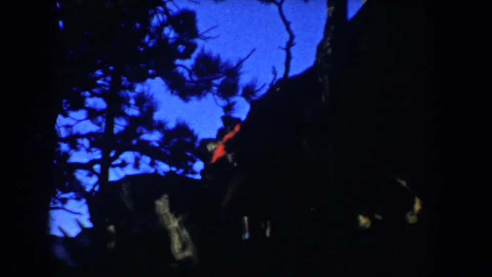 Dark 1953 South Dakota frame with blue sky, pine silhouettes, and a small red garment or light near steps or a sloped structure.