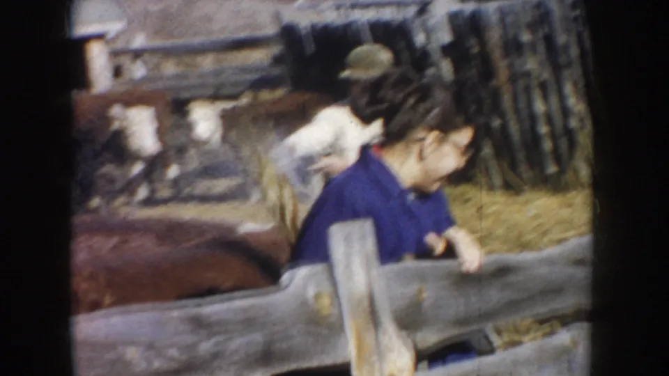 A woman in a blue shirt and glasses stands by a barnyard fence while cattle and a man appear behind her in the supplied South Dakota farm scene.