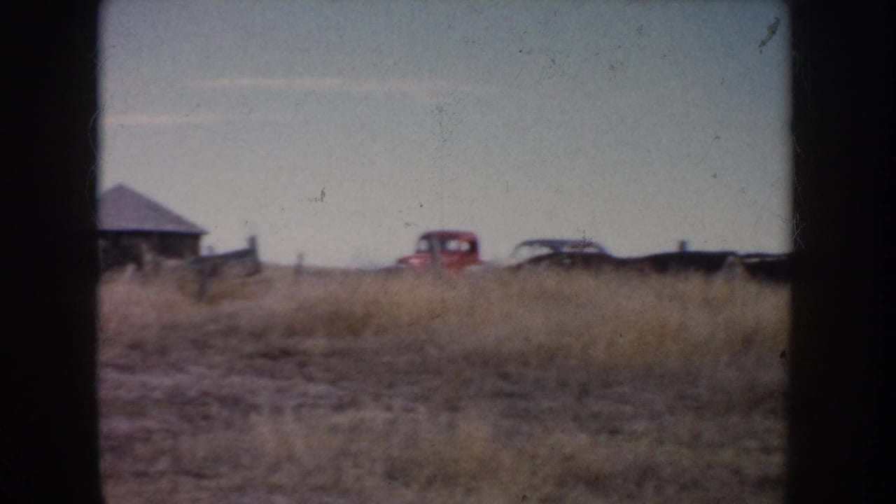 Dry pasture with cattle, a small building, fence, and older vehicles in the background.