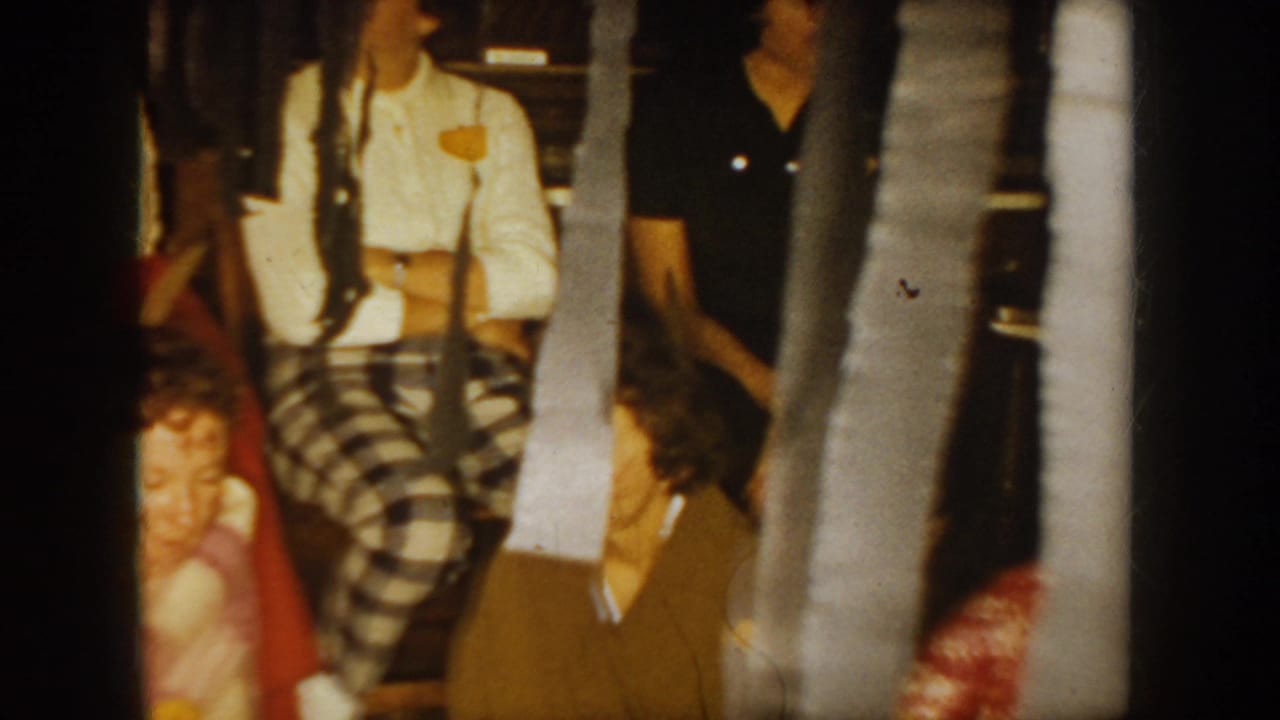 1954 South Dakota home-movie frame showing seated adults partly obscured by silver streamers during an indoor costume party.