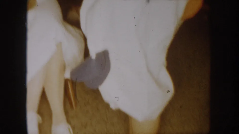 1954 South Dakota home-movie frame showing a costumed person walking across a carpeted room with fabric near the face.