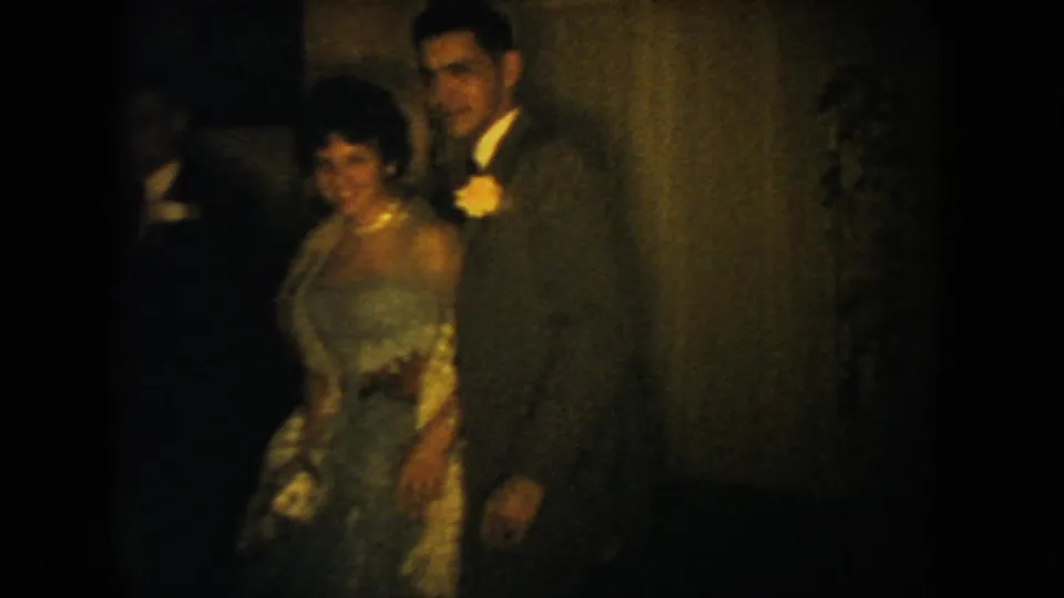 A woman in a pale blue formal dress with floral details stands beside a suited man in a dim private interior.