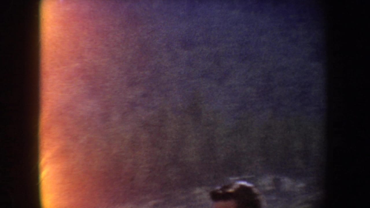 South Dakota 1954 home-movie frame showing trees or brush, distant vehicle-like shapes, and a partial person at the lower edge.
