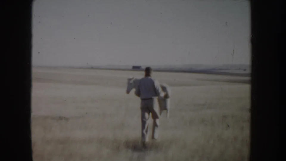 A person carrying a bucket walks away from the camera beside a horse across an open Idaho field under a pale sky.