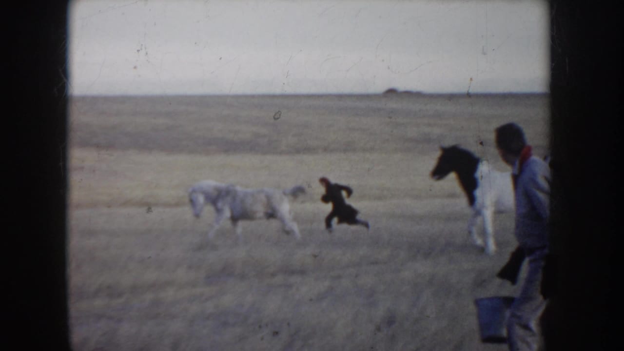 1955 Idaho 8mm frame showing a person running near horses on open prairie, with another adult partly visible at the edge.