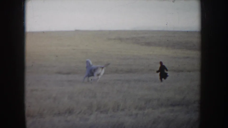 1955 Idaho home-movie frame with a white horse and a distant person moving across open prairie under a pale sky.