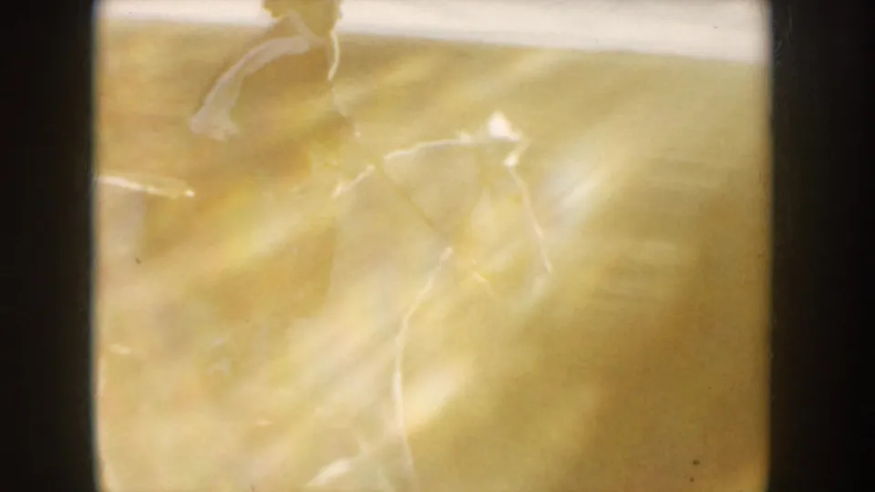 Faint 1955 Idaho home-movie frame showing a rider and horse partly obscured by strong flare and warm 8mm exposure.