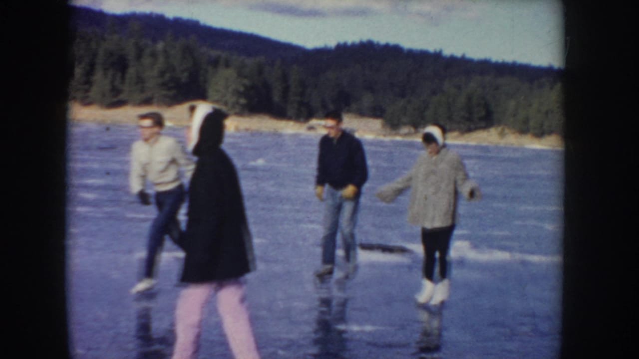 Four people skate or stand on a frozen lake near a wooded shore.