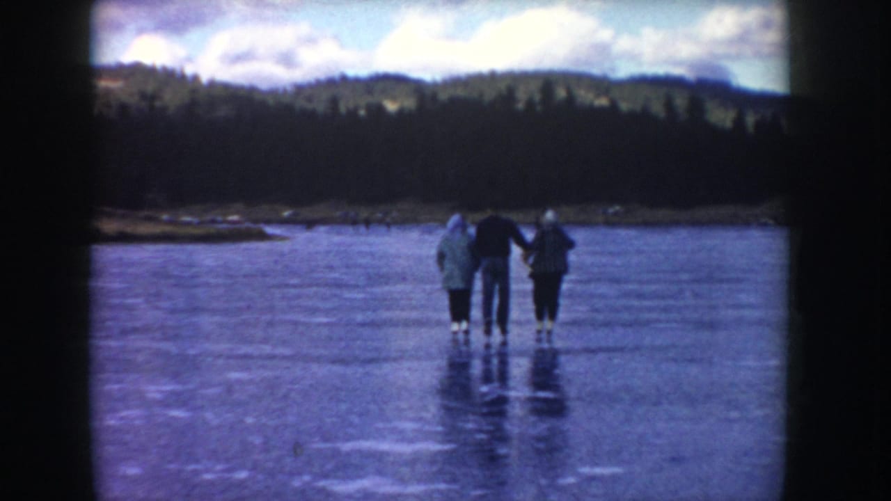 Three bundled adults continue walking on the icy lake surface.