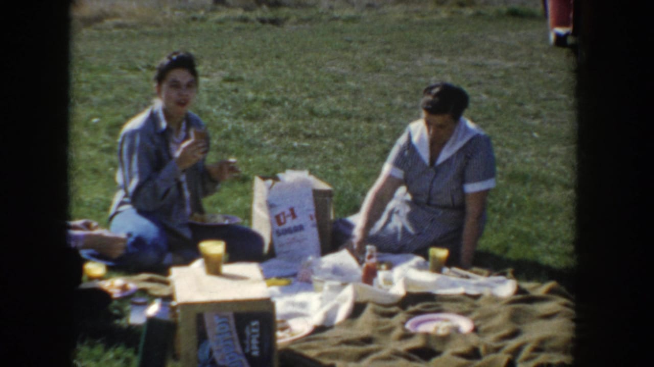 Two women in mid-1950s clothing sit on a khaki blanket at an Idaho park picnic, with a U-I branded paper bag, yellow cups, a cardboard box, and food items visible around them.