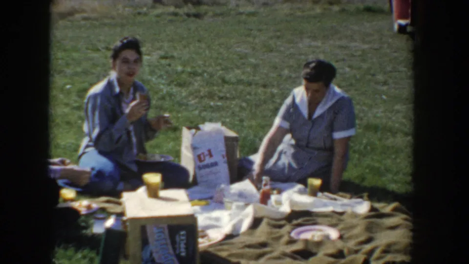 Two women in mid-1950s clothing sit on a khaki blanket at an Idaho park picnic, with a U-I branded paper bag, yellow cups, a cardboard box, and food items visible around them.