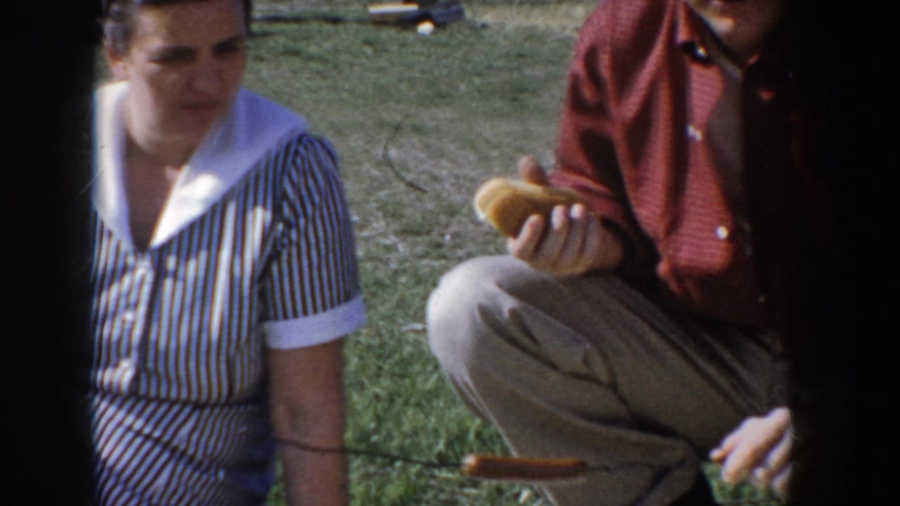 Woman in blue-and-white striped shirtdress and man in red button-down shirt wearing glasses sit cross-legged on grass at a mid-1950s Idaho family picnic; man holds a hot dog bun