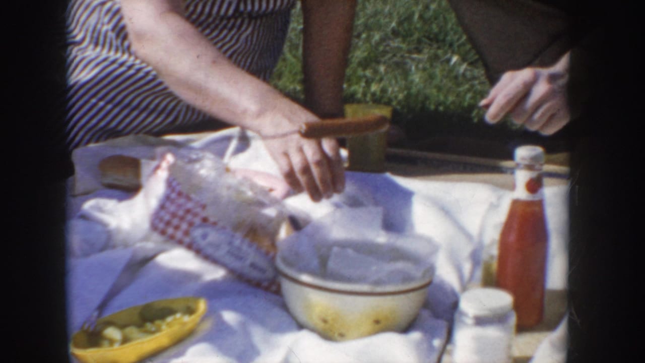 Close-up of picnic blanket with ketchup bottle, yellow bowl, white mixing bowl, packaged buns, and red-checkered cloth; woman's hands visible
