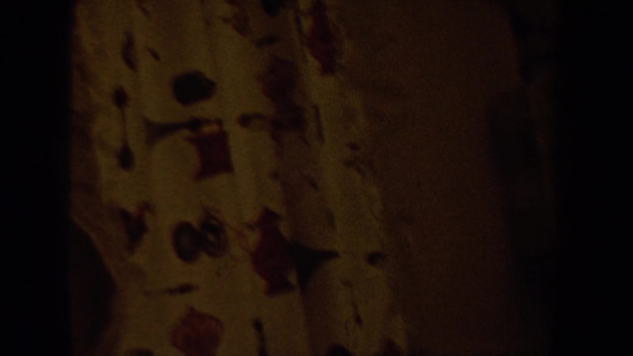 Dim interior view with a patterned wall or textile and dark frame edges.