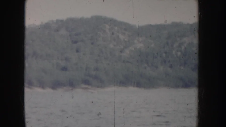 Second 8mm frame of Idaho lake scene circa 1955, showing the same dense conifer hillside above calm water with continued heavy color fading and grain.