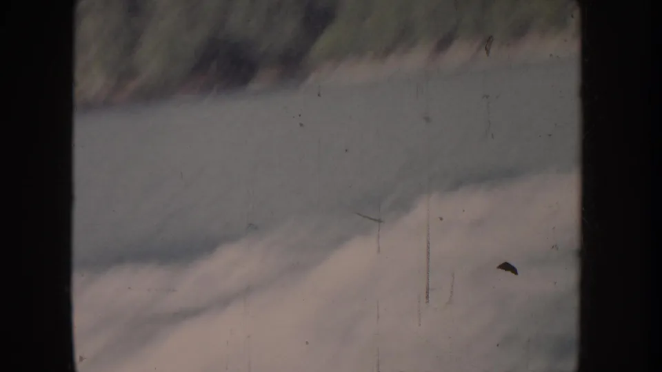 Green treeline or shoreline vegetation at upper left with breaking white waves below; 8mm home movie, possibly Idaho lakeside or Pacific Northwest coast, c.1955