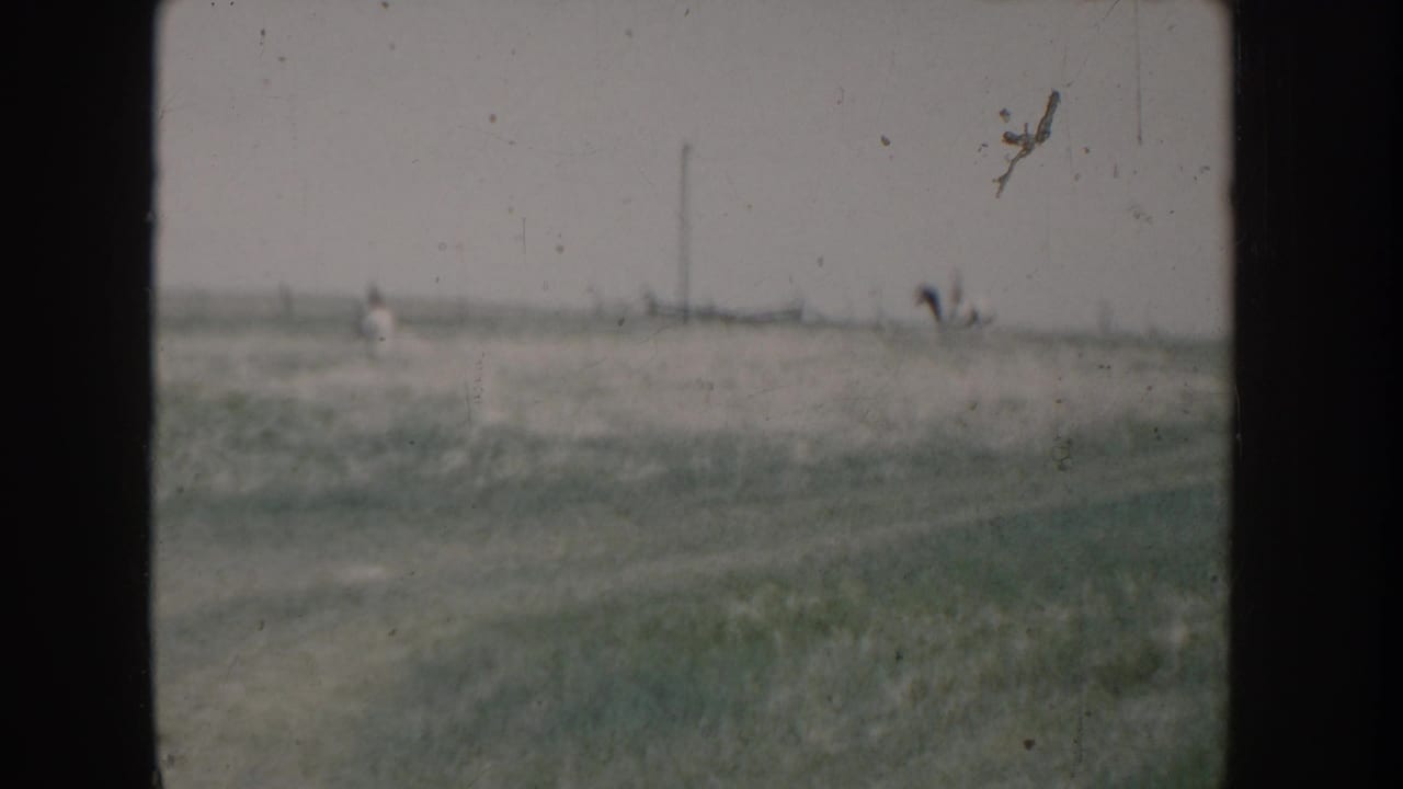 Wide 8mm home movie shot of two figures on a grassy hillside in rural Idaho, circa 1955, with a utility pole and distant fence line visible.