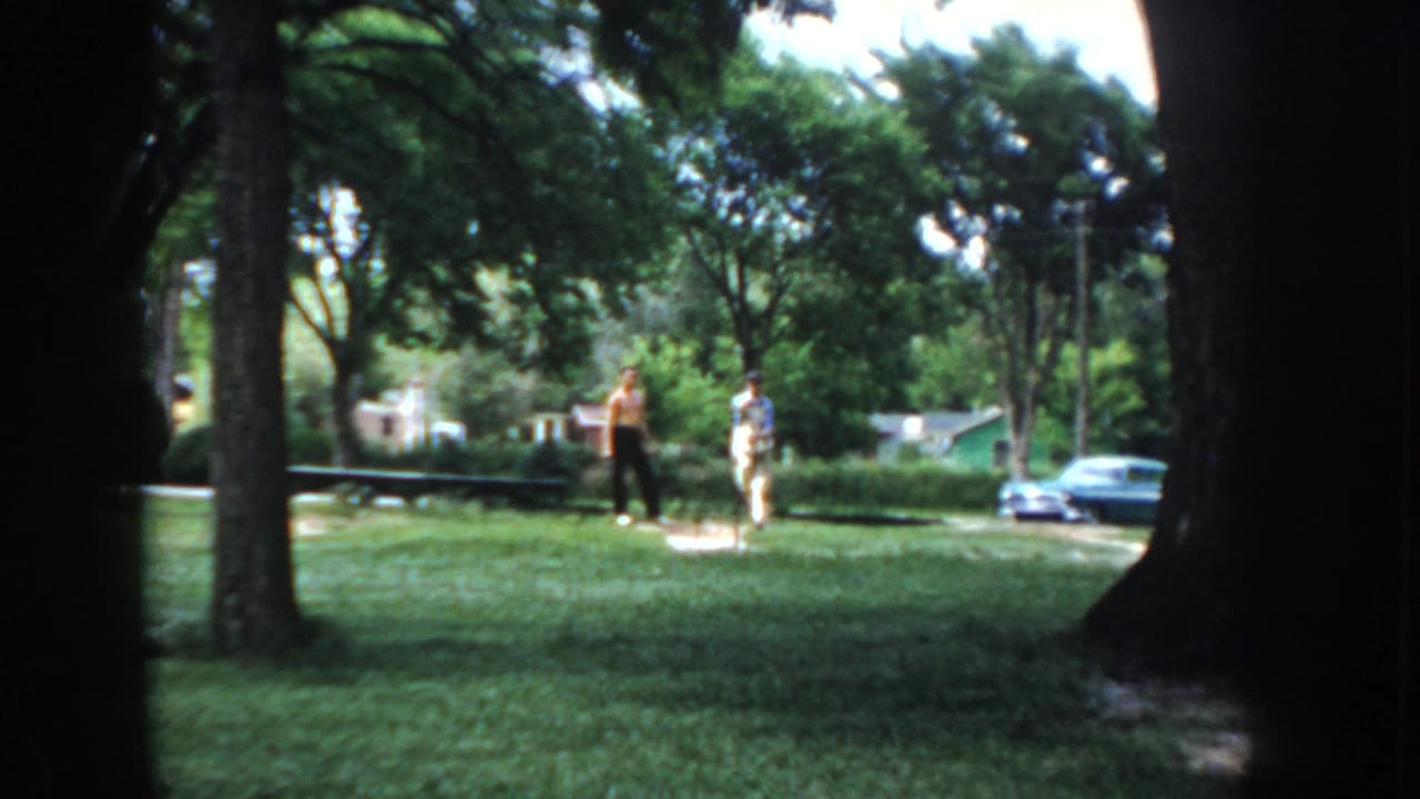 Two men on a broad lawn in what appears to be suburban Idaho, circa 1955, viewed through flanking tree trunks on 8mm color film.