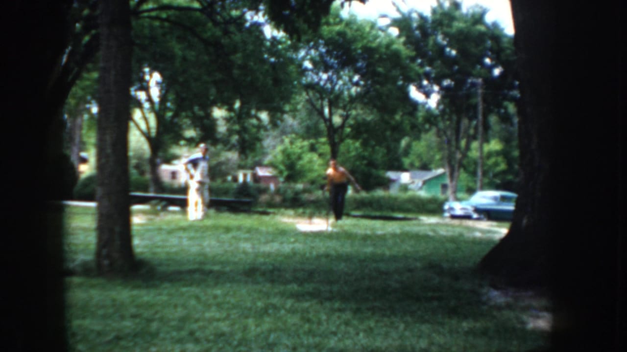 Wide shot of two men in a sun-dappled park, Idaho, circa 1955; one shirtless in dark trousers, vintage automobiles parked at the tree line.
