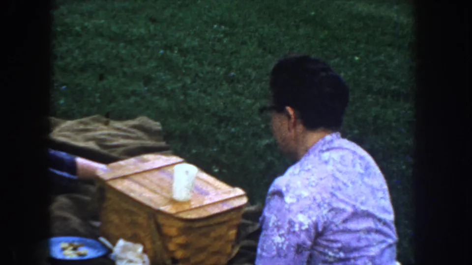 Older woman in a patterned floral blouse at a family picnic with wicker basket and blue plate on green grass, likely Idaho, circa 1955, 8mm color.