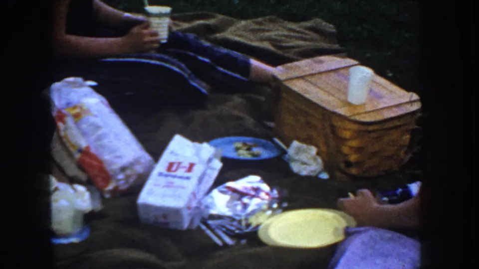 Close view of a 1950s picnic spread with wicker basket, yellow and blue plates, paper cups, and a U-I branded food package visible, likely Idaho, circa 1955.