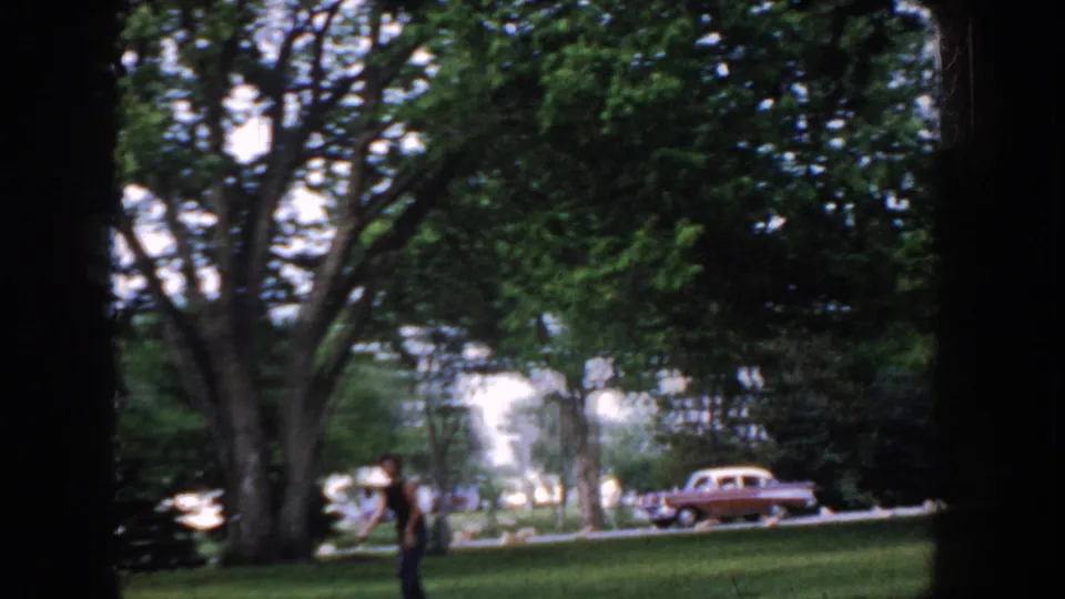Man in dark shirt and pants stands on a grassy park lawn, likely Idaho circa 1955; a period two-tone sedan passes on the road behind him beneath mature deciduous trees.