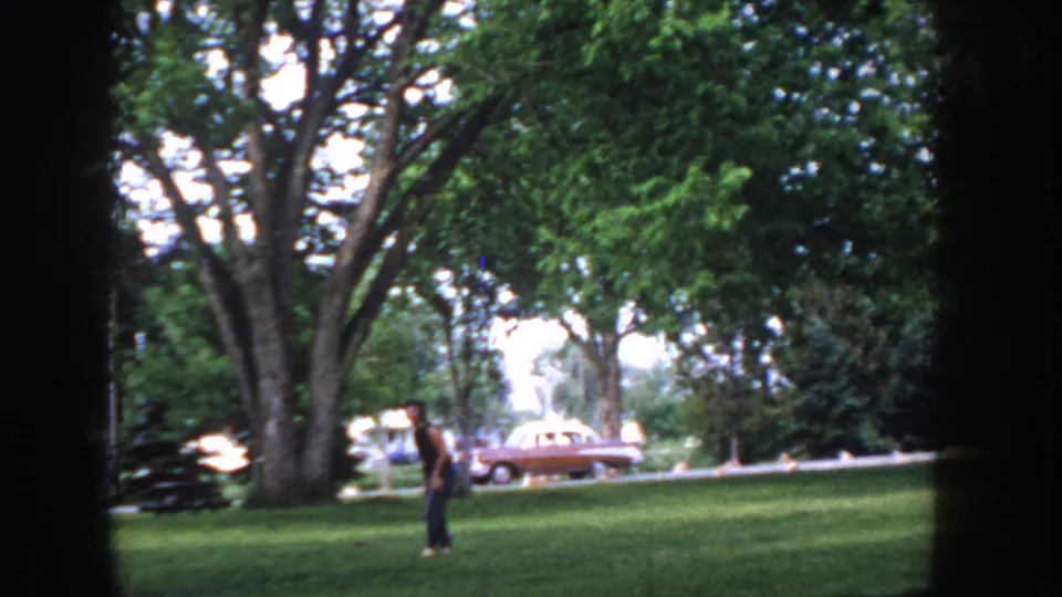 Man in dark clothing stands on grassy lawn in a 1950s American park; a mid-century sedan is visible on the road to the right beneath a canopy of mature trees.