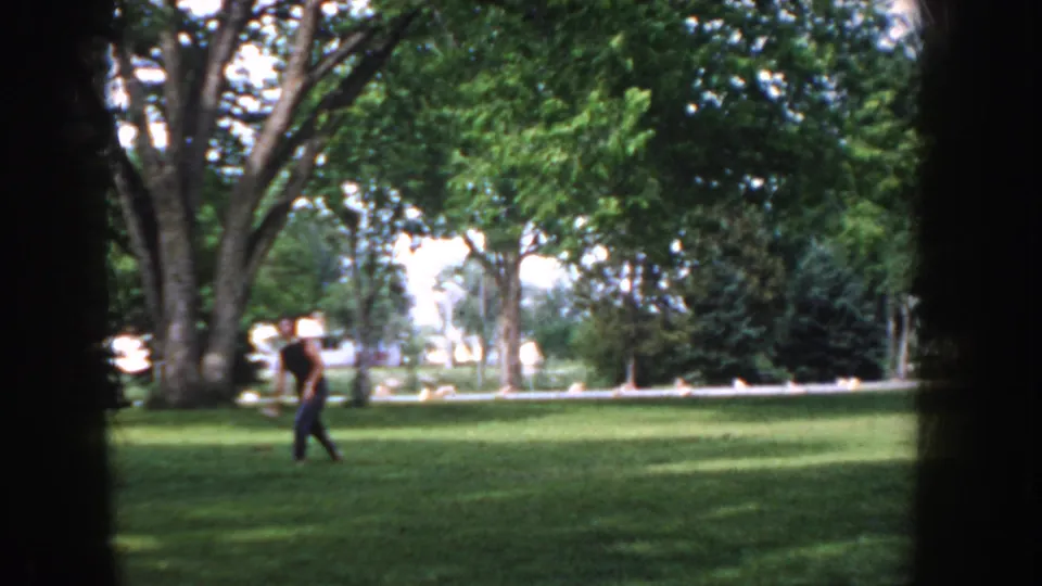 Man in an active throwing or catching stance on grassy park lawn, consistent with the ball-throwing described in metadata; mature trees dominate the upper frame with a distant structure behind.