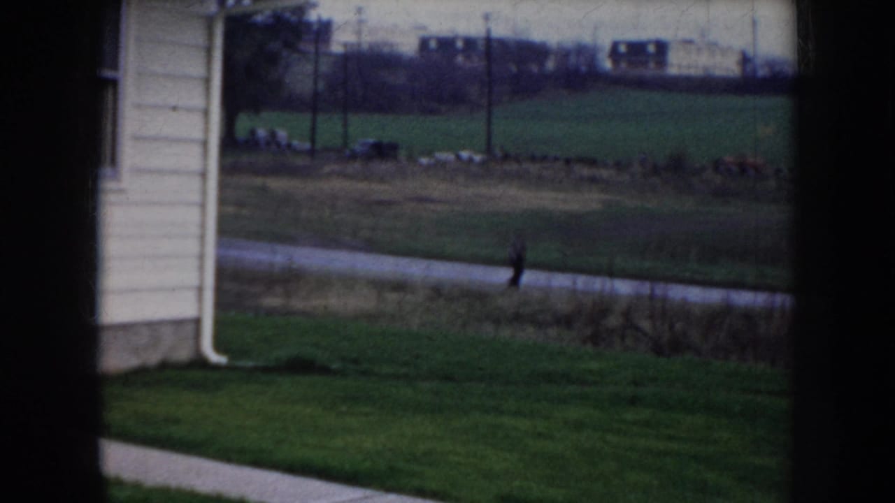 8mm home movie from Nebraska, c.1956 — suburban house edge at left, open green field beyond a paved path, small distant figure walking, utility poles on horizon.
