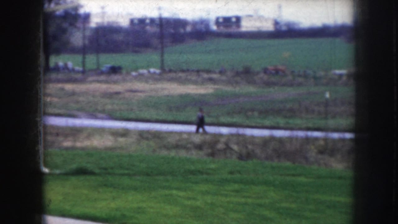 Open green field with paved path across center, single figure walking, utility poles and distant structures on horizon, dark border at right edge.