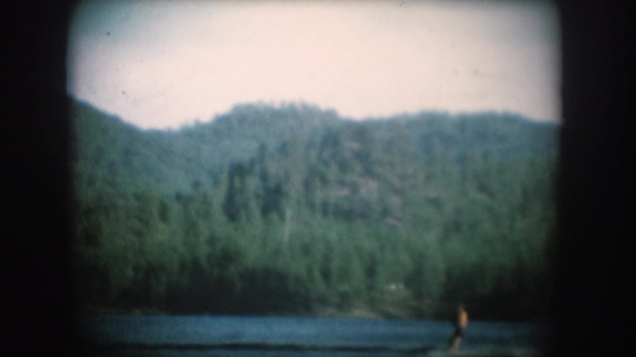 Wide 8mm home-movie frame circa 1956 showing a forested mountainside, calm lake surface, and a small distant figure near the shoreline.