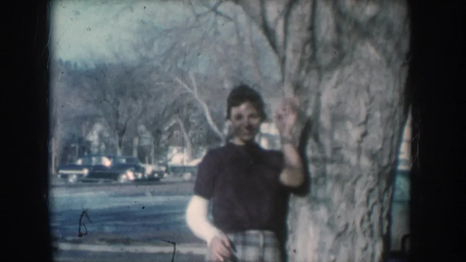 Woman in dark top and plaid skirt waves from beside a tree on a 1950s suburban American street, rounded mid-century automobiles parked along the curb behind her.