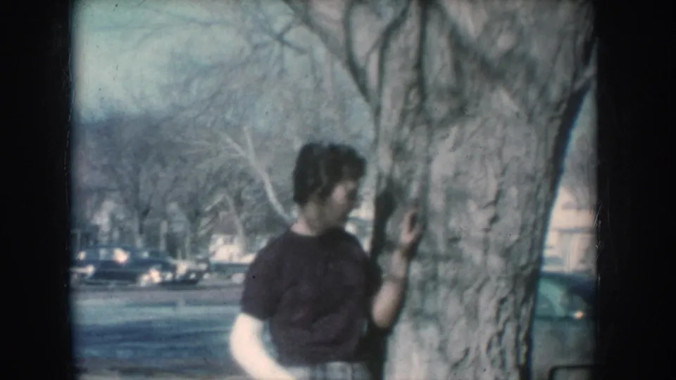 Woman in dark top and plaid skirt turns partially away beside a large tree on a 1950s suburban street, a teal-colored mid-century automobile partially visible at lower right.