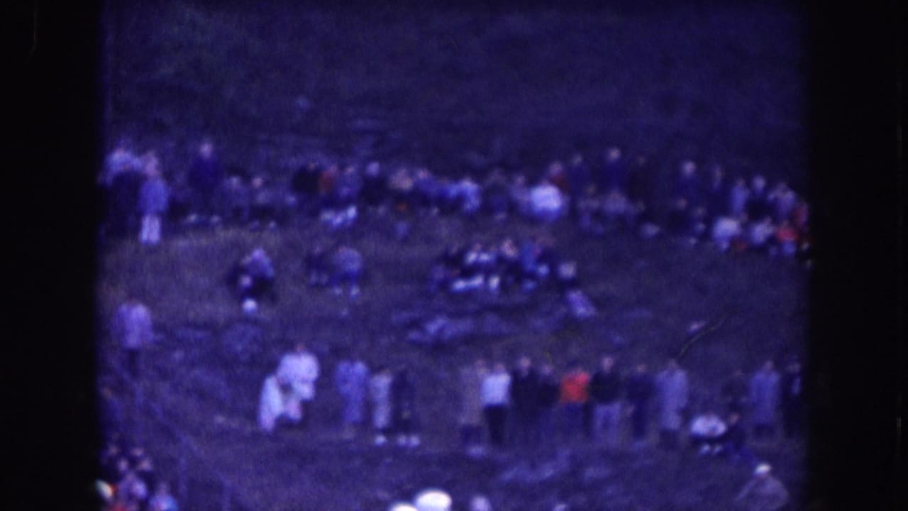 Wide shot of a grass area with scattered groups of spectators, soft focus and heavy blue cast throughout.