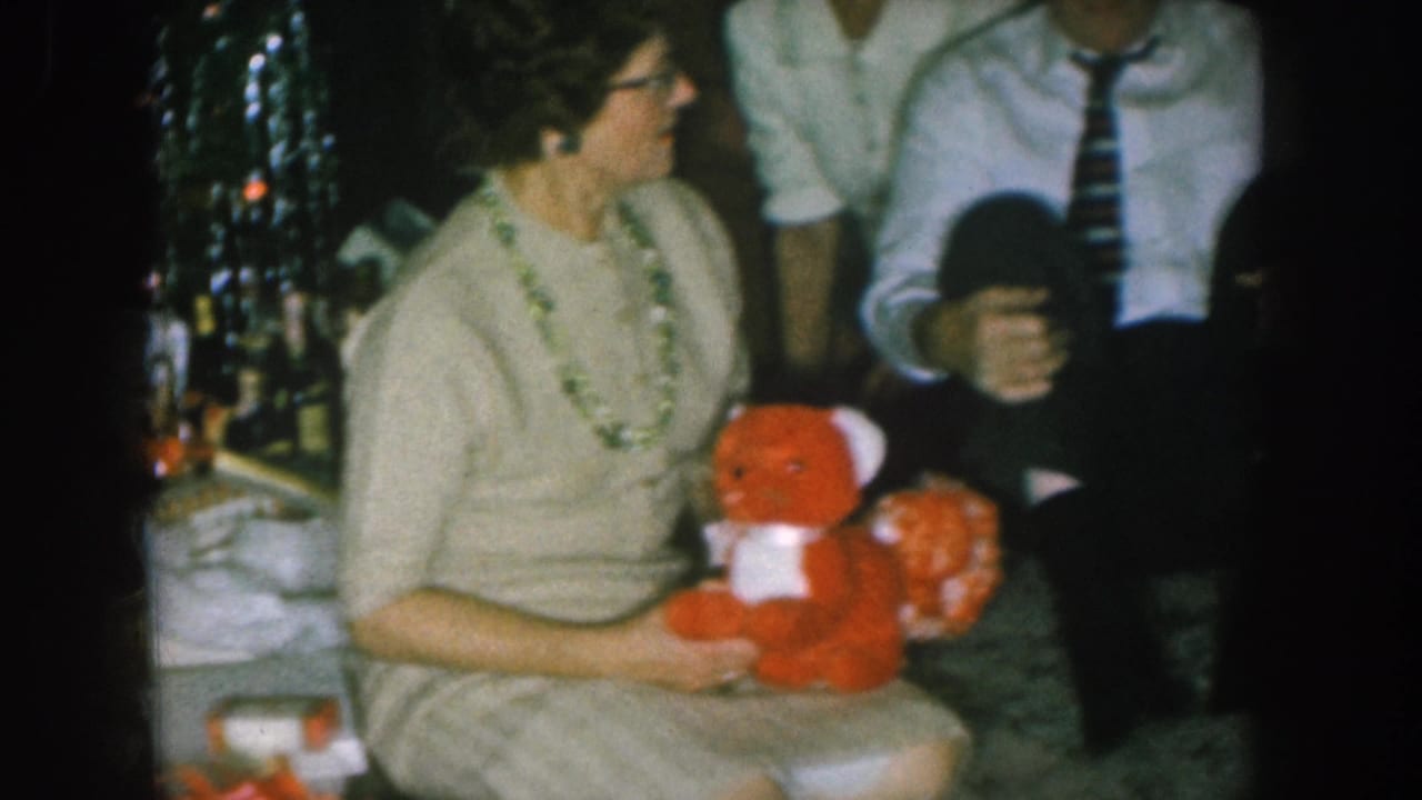 Woman in tan knit dress and green beaded necklace holds a red stuffed teddy bear; a lit Christmas tree and bottles are visible at right.