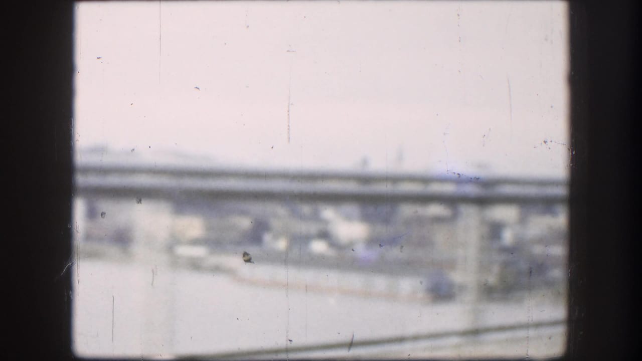8mm frame from a moving vehicle looking at a highway overpass, with hazy sky and blurred structural elements, consistent with 1950s American road travel.